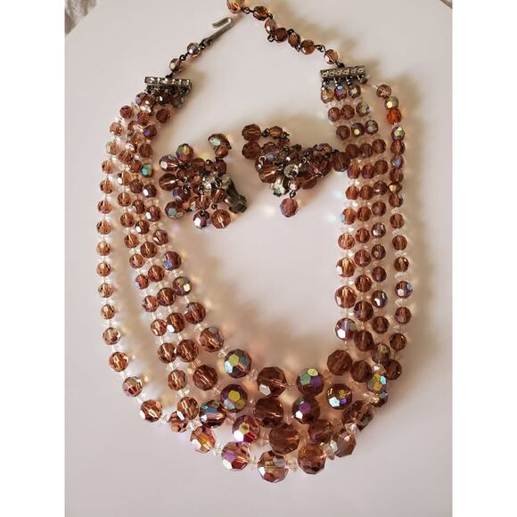 Vintage AB Tan Bead Necklace and Earring Set - Picture 1 of 7